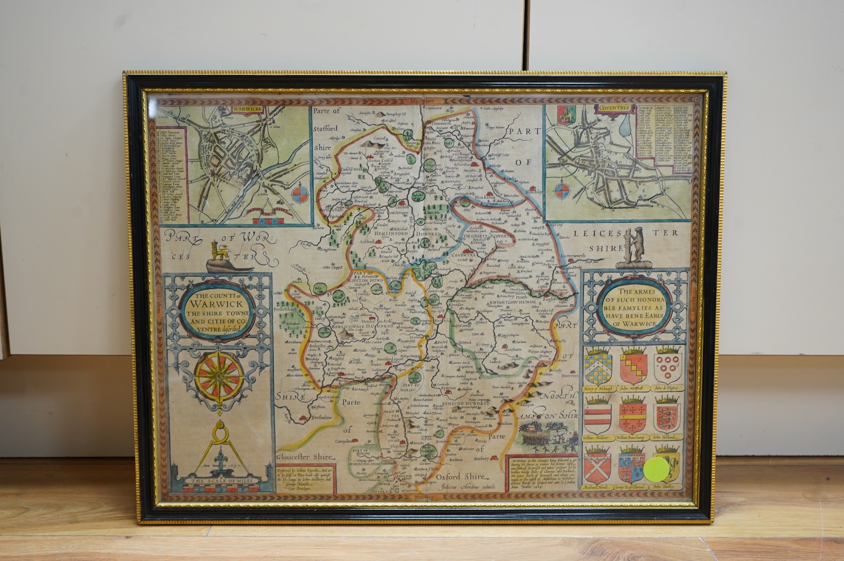 John Speed (1552-1629), The County of Warwick, sold by John Sudbury and George Humble, text verso, hand coloured engraved map, 39 x 51cm